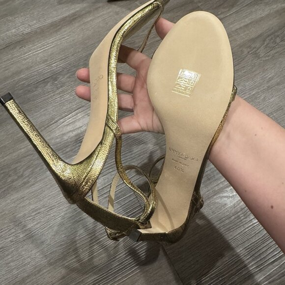 Jimmy Choo Minny 85 mm Gold Metallic Lizard Print Leather Heels Sandals - Picture 9 of 13